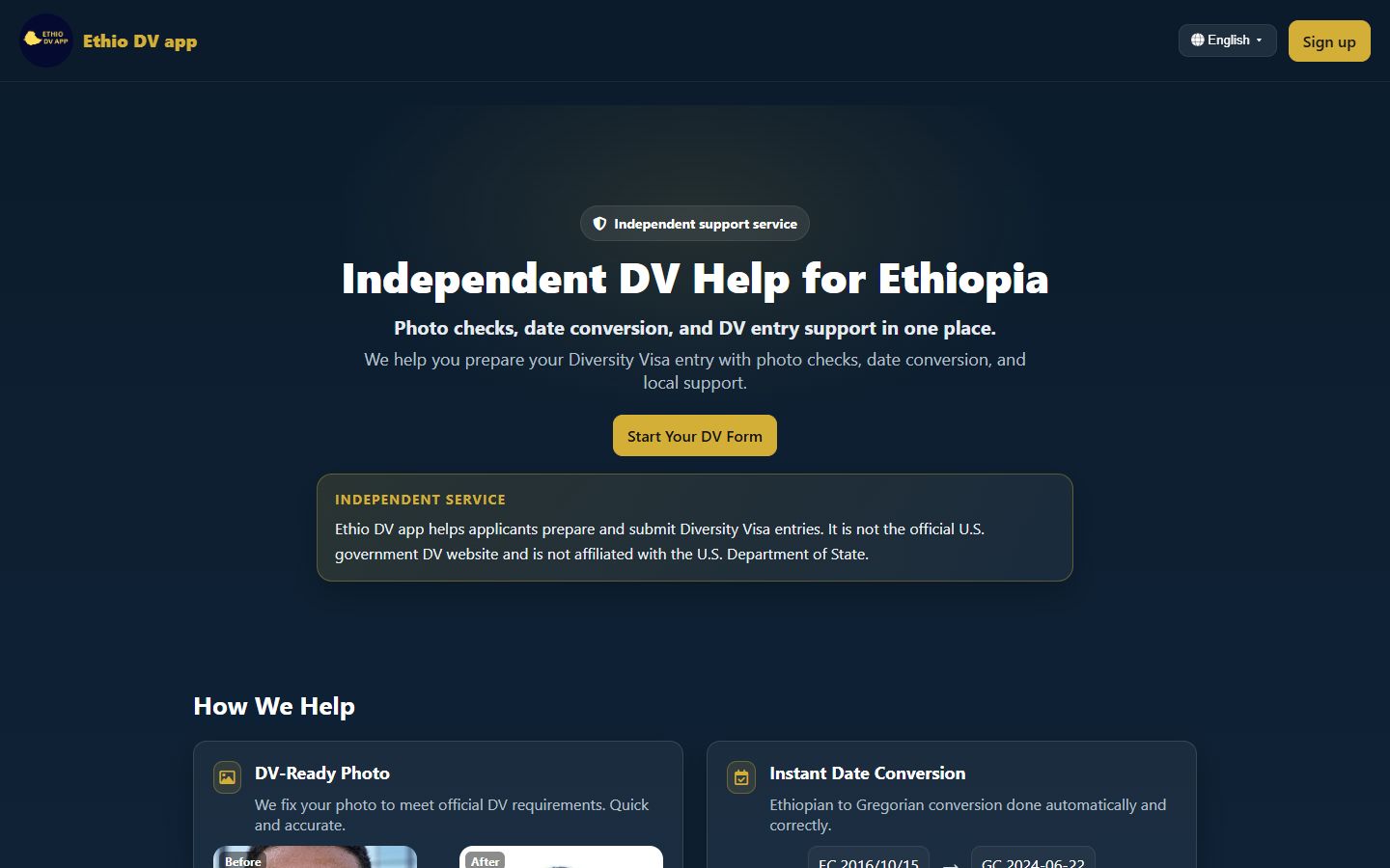 EthioDV homepage showing its Diversity Visa support service