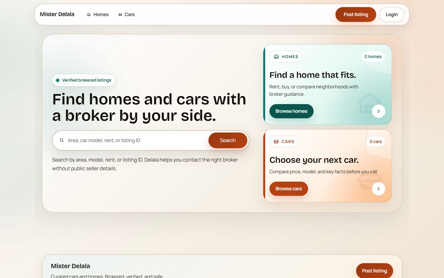 Mister Delala homepage for browsing homes and cars